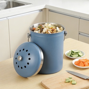 Blue Cylindrical Stainless Steel Kitchen Waste <b>Bin</b> With Lid For Indoor Use - Product Image 2