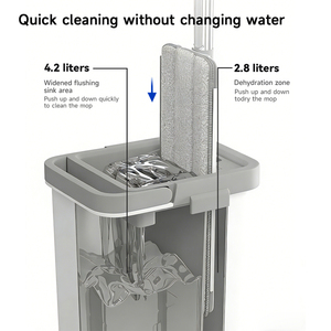 Serpillère auto-nettoyante à manche en acier avec balai plat et seau, grande taille, pour nettoyage des sols humides et secs, avec tampon microfibre et système mains libres 360° Magic - Product Image 2
