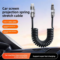 Câble de voiture extensible 4-en-1 à ressort, charge ultra-rapide 240W, projection d'écran CarPlay, cordon de données pour téléphone portable