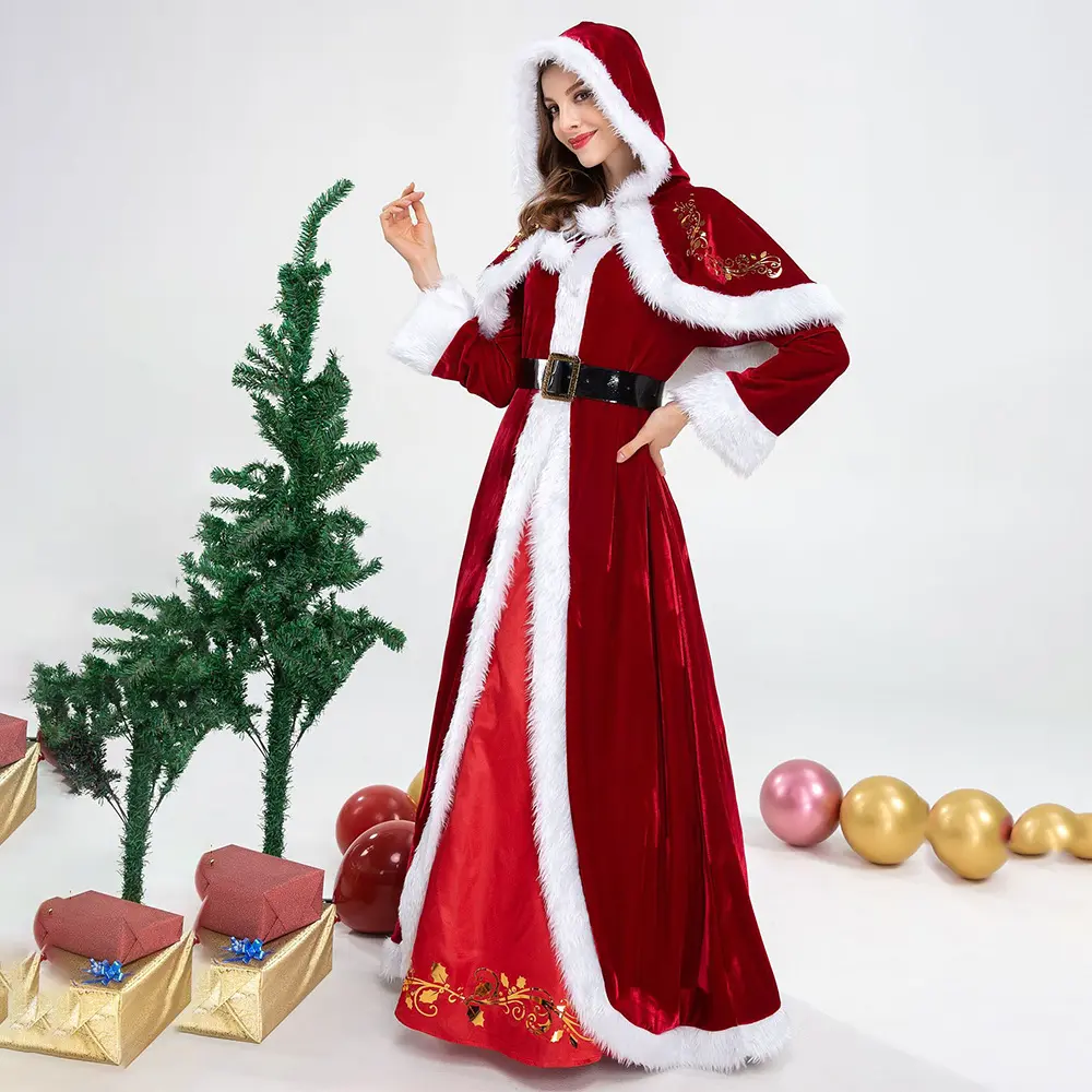 6Sizes Velvet Christmas Santa Claus Costume Cosplay Women Clothes Fancy Dress In Xmas Men 7pcs/lot Suit For Adults Props Uniform