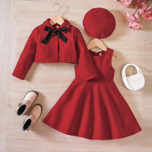 Autumn Winter <strong>Girls</strong> Children O-Neck Polyester/Cotton Long Sleeve Bow <strong>Coat</strong> <strong>Dress</strong> Hat Fashion Suit Princess 3pcs-<strong>set</strong> - Product Image 2