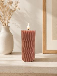 Ribbed Wavy Textured Flame Less LED Candle <b>Paraffin</b> Wax Flickering Fake Flame Lamp Stacked Double Layer Pillar Handmade Scented - Product Image 3