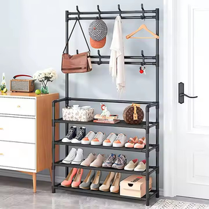 Organizer sepatu berdiri bebas 4 Tingkat rak sepatu logam hitam berdiri dengan gantungan tas mantel topi - Product Image 1