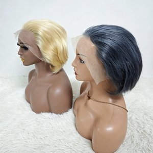 Promotion 26$ Perruques Pixie Lisses Entièrement en Dentelle 13x4, Perruques Courtes Bob SDD 200 grammes avec Mèches, Gris, Blond, 100% Cheveux Humains pour Femme - Product Image 1