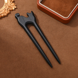 Épingle à cheveux double en bois style ancien, motif brocart culturel et créatif rétro en ébène, simple et haut de gamme, pour coiffure Hanfu - Product Image 4