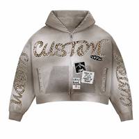 Veste unisexe Y2K streetwear 100% coton, coupe courte, zippée, effet délavé vintage, avec motif léopard, lettres, graphique bootleg et cloutages