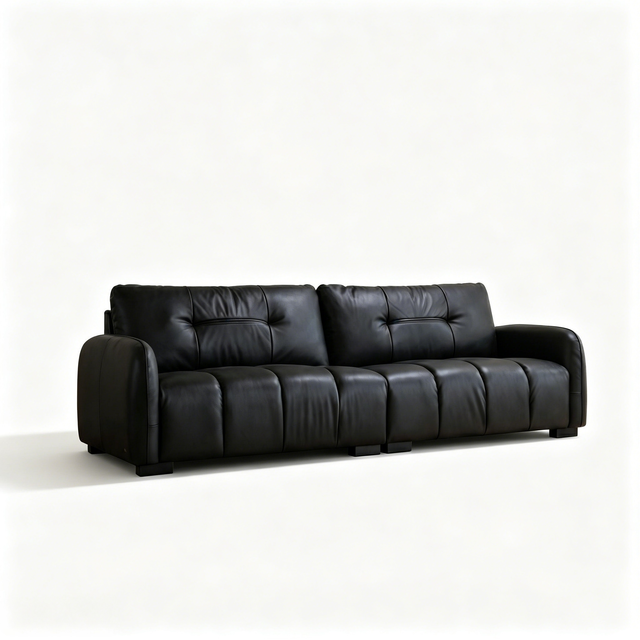 Mid- Modern Genuine Leather Square Sofa Vintage Rounded Armrest 3-Seater Upholstered Couch for Hotel & Villa Use