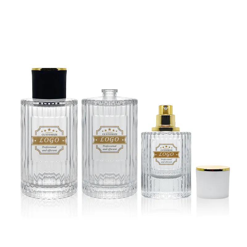 Frasco de perfume de colônia de vidro transparente com baioneta redonda vazia de luxo exclusivo personalizado por atacado de 30 ml 50 ml
