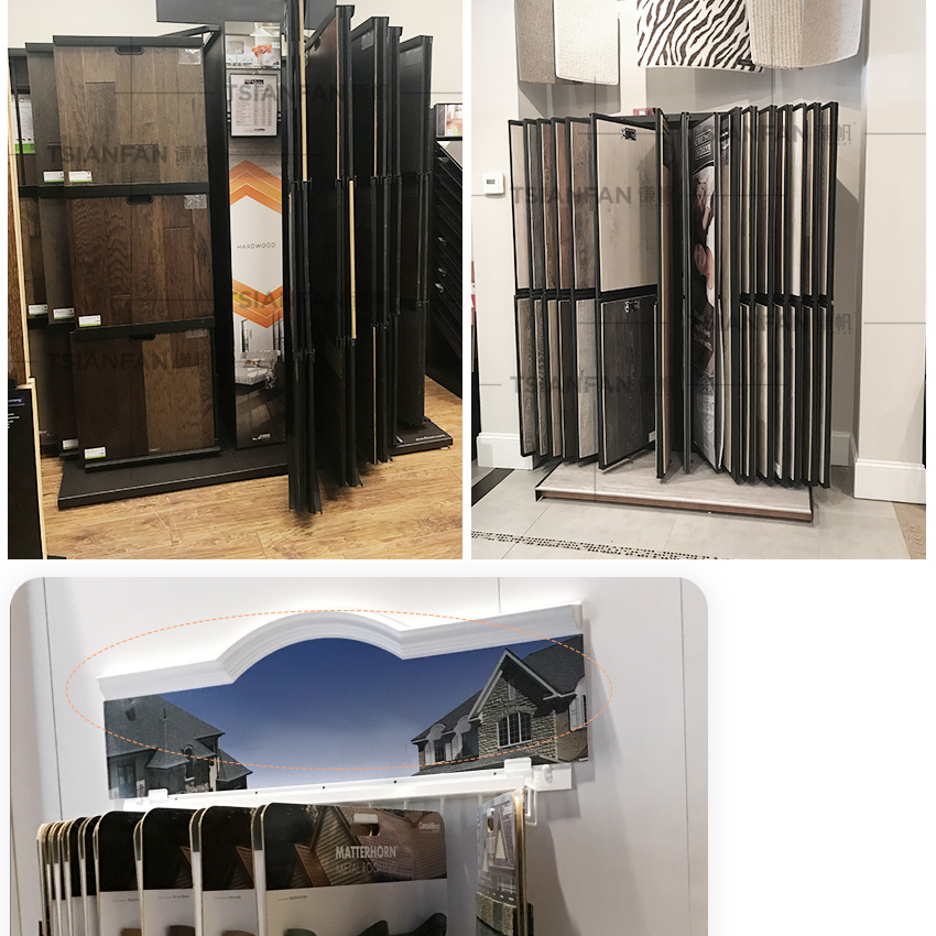 Modern Custom Steel Wing Rack Ceramic Panel Showroom Quartz Turn Page Floor Stone Racks Wood Marble Page Turning Tile Display