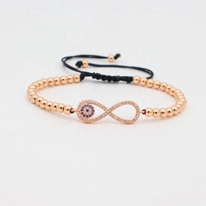 Moda chapado en oro 4MM cuentas de latón Mirco Pave CZ número ocho 8 infinito ojo encanto ajustable cordón negro pulsera - Product Image 6
