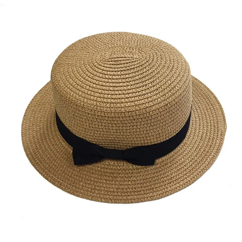 Chapeau de paille à bord plat d'été pour femmes à la mode arc Protection solaire chapeau de plage usage quotidien impression dessinée à la main tissu apposé brodé