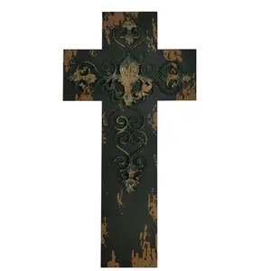 アンティークの対称パターンを備えたRakutenユニークな木製の十字架金属装飾的な黒色MDFボードウォールクロス