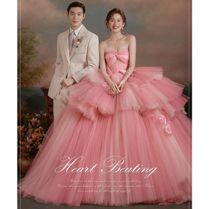 Strapless Ball Gown Wedding Dress Watermelon Red Tulle Empire Waistline Elegant Banquet Style - Product Image 1