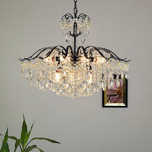 Lustre LED <span class=keywords><strong>vintage</strong></span> français de luxe en fer noir avec perles de cristal, garantie de 2 ans pour salon, salle à manger, chambre à coucher - Product Image 2