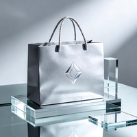 Sac en papier écologique brillant argenté pour bijoux, ruban en satin assorti, boîte cadeau rigide pour bague et collier, pack combo avec impression de logo personnalisé