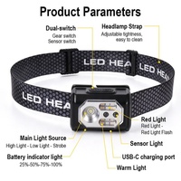 Lampe frontale LED légère rechargeable avec contrôle par capteur, lumière rouge, pour la pêche, la course, la randonnée, le camping et la pêche nocturne
