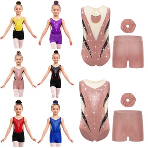 Conjunto de leotardo de gimnasia y danza para niñas con pedrería, espalda en V, malla recortada, sin mangas, con pantalones cortos, brillante, para competición infantil, personalizado - Product Image 1