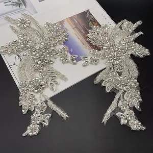 Gaun pernikahan 3d kualitas tinggi pabrik bordir Patch manik-manik buatan tangan applique korset berlian imitasi kristal diy