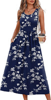 Nouvelle robe d'été sans manches avec poches, robe midi à imprimé floral pour femmes, vacances à la plage
