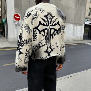 T-shirt à manches longues surdimensionné en coton lourd à imprimé graphique, style streetwear, bords bruts, lavage à l'acide, vente en gros - Product Image 2