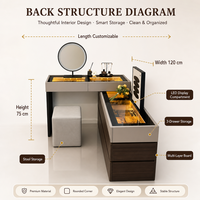 Coiffeuse moderne en chêne en forme de L avec éclairage LED, rangement multi-niveaux, miroir et 3 tiroirs pour chambre à coucher