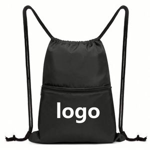 Mochila Deportiva Personalizada con Cordón y Bolsillo con Cremallera, Impermeable, de Poliéster Negro, para Hombre y Mujer - Product Image 1