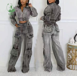 Pakaian Denim katun wanita, pakaian jins ramping dua potong, jaket Denim Crop, Set Jeans musim gugur - Product Image 1