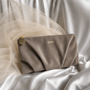 Grey Polyester Velvet Pleated Cosmetic Bag with Custom Gold Foil Logo and Gold-Tone Zipper for Daily & Travel Beauty Storage - Product Image 6