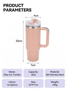 Gobelet isotherme en acier inoxydable 304 de 30 oz avec logo personnalisé, poignée et couvercle à paille, pour voyage et voiture - Product Image 2