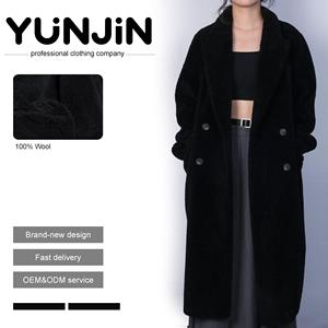 YUNJIN femmes Pure laine fourrure Double boutonnage chaud <span class=keywords><strong>noir</strong></span> manteau décontracté hiver laine ours en peluche longue <span class=keywords><strong>veste</strong></span> revers épais pardessus - Product Image 1