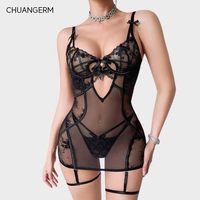 Chuangerm Lingerie Personnalisée 2026 Nouvelle Robe de Nuit Moulante en Maille Transparente Broderie Nœud et Découpes avec String – Lingerie Babydoll