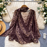 Chemisier ample et élégant à manches longues imprimé léopard col en V vintage pour femme, idéal pour le bureau ou les occasions décontractées printemps-automne