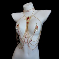 BANSEY Ensemble de Bijoux Érotiques et Fétichistes Non Percés : Chaîne Dorée, Bijou de Poitrine, Pinces à Tétons avec Gemme Rouge, Harnais de Taille, Plug Anal Queue de Renard