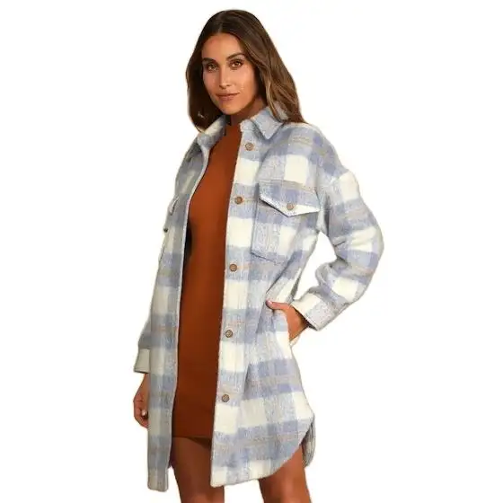 2022 Women winter jackets coat long flannel shirt trench plaid jacket Fashion plus size Long Plaid mid-length wool coat
