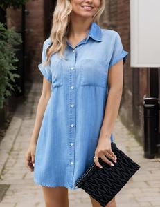 مخصص للنساء تي شيرت فستان الدنيم قميص فساتين قصيرة الأكمام فستان جينز بأزرار أسفل عارضة سترة أعلى للنساء - Product Image 4