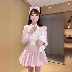 French Style Princess Pink Tutu Dress Empire Waist Bow Neckline Splicing Candy Color Breathable Cocktail Dress - Product Image 3