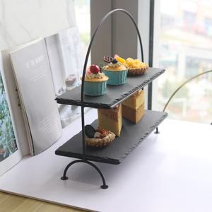 ขาตั้งเสิร์ฟอาหาร2ชั้นชั้นชั้นแสดงอาหารพร้อมแผ่นชนวนสีดำถาดเสิร์ฟสำหรับงานเลี้ยง - Product Image 3