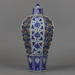 Antiguidade chinês yuan dynasty azul e branco flor octogonal padrão vaso de cerâmica jarra de gengibre - Product Image 2