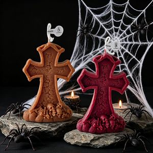 Vela perfumada con forma de cruz y calavera de Halloween, vela de cera con diseño de lápida sangrienta para decoración espeluznante del hogar - Product Image 2