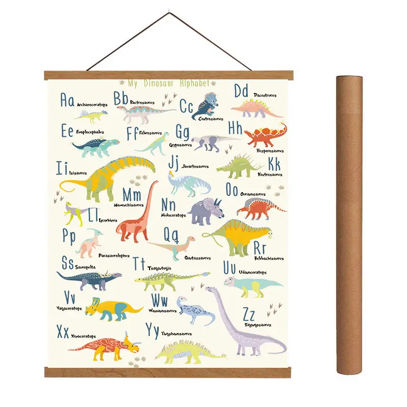 恐竜アルファベットアートプリント磁気天然木ハンガーフレームポスター、子供部屋の装飾用のキャンバス壁掛け付き