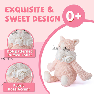 Juguete de Peluche de Gato de Dibujos Animados para Niñas, Gato Sentado con Barba Negra, Diseño Dulce con Detalles de Rosa, Cuello de Tela Blanca con Volantes y Patrón de Puntos, Color Rosa - Product Image 4