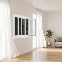Ventana de marco negro de una sola hoja, montada a ras, ideal para casas modulares y estructuras horizontales de jardín.