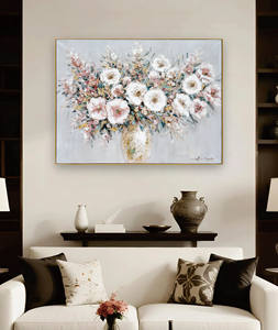 <span class=keywords><strong>Peinture</strong></span> à l'huile murale abstraite florale peinte à la main, <span class=keywords><strong>bouquet</strong></span> <span class=keywords><strong>de</strong></span> fleurs roses et blanches dans un vase texturé, pour la décoration intérieure - Grande Vente - Product Image 1