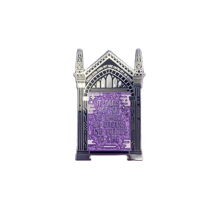 Nenhum Mínimo Silver Metal Church Fabricação Roxo Glitter Soft Esmalte Duro Pinos Fábrica Custom Door Building Lapel pins Badge