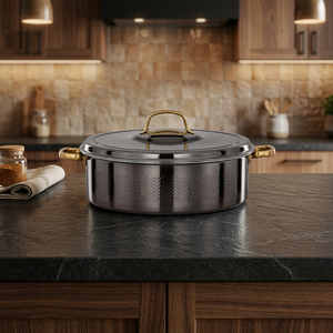 Casserole moderne en acier inoxydable avec couvercle, design rond, poignées en alliage de zinc - Product Image 4