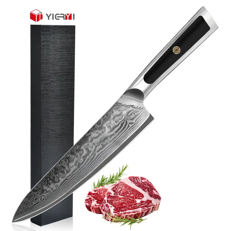 سكاكين طاهٍ مهنية 67 طبقة VG10 مصنوعة من الفولاذ الدمشقي مقبض معدني من الفولاذ عالي الكربون بطول 8 بوصات سكين مطبخ ياباني