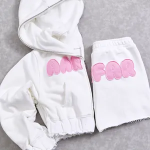 Women's Tracksuit Embroidery Custom Oversized Women 2 Piece Outfits Plain Sweatshirt Shorts Pants Fleece Short Set For Woman