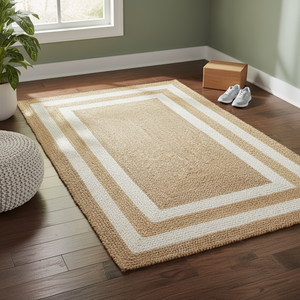 Alfombra de Yute Moderna, Geométrica, Ecológica, Antibacteriana, Antideslizante, de Pelo Corto, con Trenzado de Algodón Blanco para Ejercicio en Casa, Camping y Uso Diario - Product Image 3