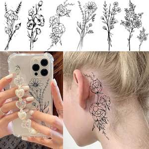 Tatouages temporaires imperméables pour femmes, <span class=keywords><strong>cou</strong></span>, bras - Noir, petite branche, <span class=keywords><strong>rose</strong></span>/tournesol, plantes sauvages, tatouages autocollants personnalisables - Product Image 2