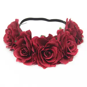 AOQI Custom Wholesale Rose Floral Headband Crown Wedding Girl Flower Crown Headband Black Elastic Band Rose Headband